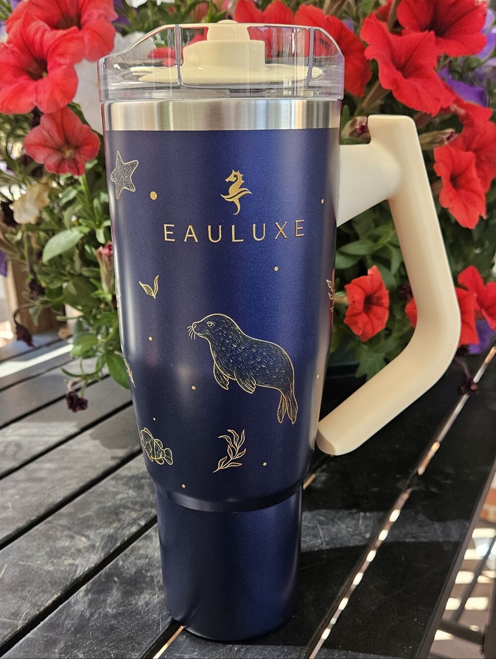 Very Pretty 40oz. Sea Life Travel Mug Tumbler and Bag - Navy Blue - New In Box